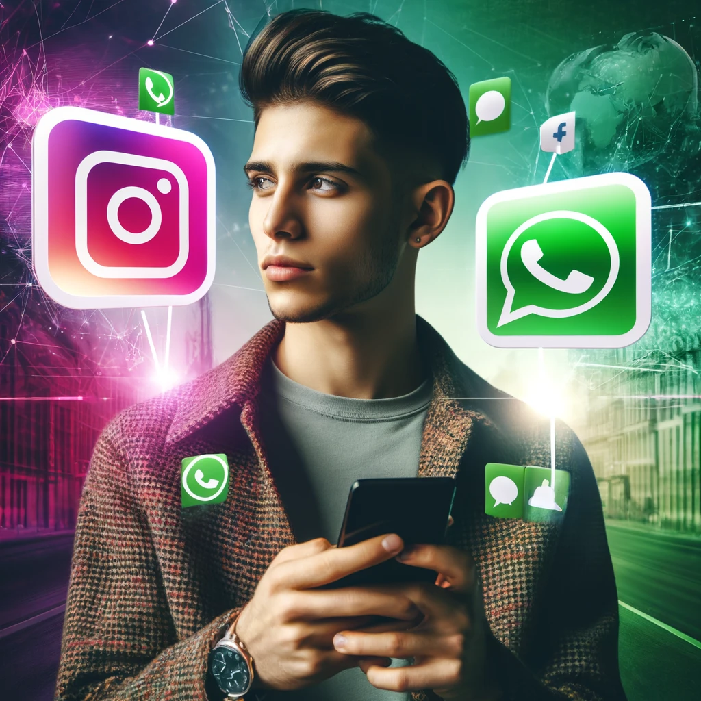 DALL·E 2024-05-13 06.39.05 - Conceptual image of a person using a smartphone with Instagram and WhatsApp logos floating around them. The person is young, of Hispanic descent, with